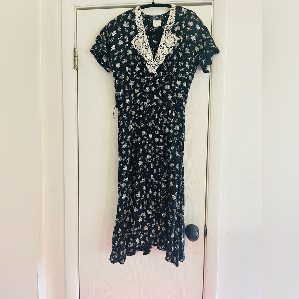 VTG 90s does 40s Rayon floral cottagecore prairie Rockabilly peplum midi dress S